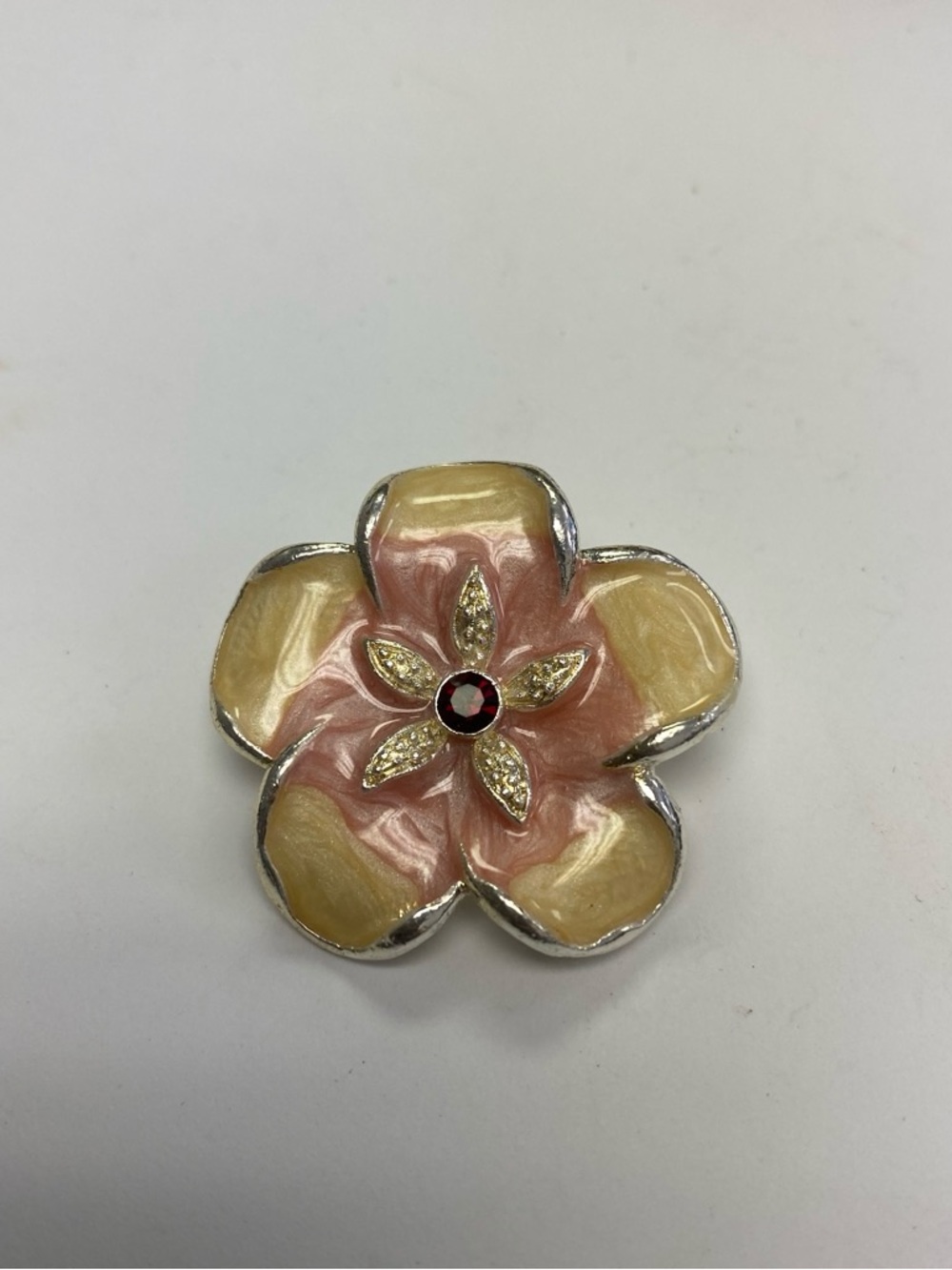 Floral Enamel & Crystal Flower Brooch in Pink and Cream